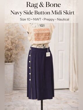 Rag & Bone Navy Side Button Midi Skirt NWT SZ 10 • Nautical Preppy Work